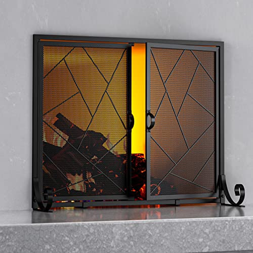 Fire Beauty Kaminschutz mit Scharniertüren, Gusseisenrand, stabiler Stahlrahmen, langlebiges Metallgitter, dekorativer Funkenschutz, schwarzes Finish (Mitte)