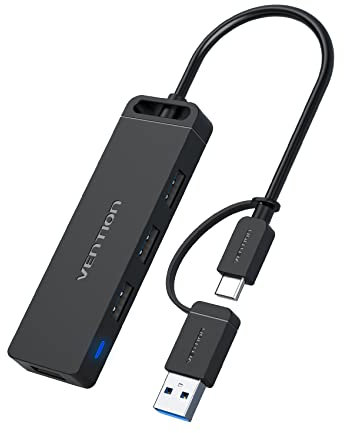 VENTION USB HUB 4-Port USB 3.0 Hub+Type-C Ultra Slim Higha-Speed USB Splitter Portable Extension Data Hub Compatible with Pad/Android/Tablet XPS Surface Pro PS4 Xbox One Flash Drive HDD(15cm)