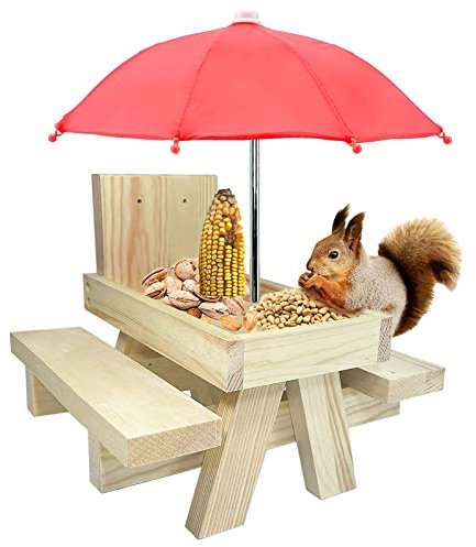 Eichhörnchen Futterhaus Balkon, Eichhörnchen Futterstation Hängender, Holz Picknicktisch für Eichhörnchen, Eichhörnchen Kobel Außen Wetterfest Haus Bausatz Futterstelle Igelhaus mit Regenschirm Garten