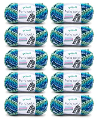 Gründl Wolle Perla color (wollähnliches Handstrickgarn aus 100% Polyester, 100 g / 90 m, Nadelstärke: 8-9, 10 x 100 g), türkisblau-lagune-grün-weiß