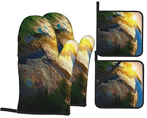 Planet Earth - Juego de guantes de horno y soportes para ollas, aislamiento térmico, impermeables, guantes de horno de cocina para hornear, cocinar y barbacoa, paquete de 4