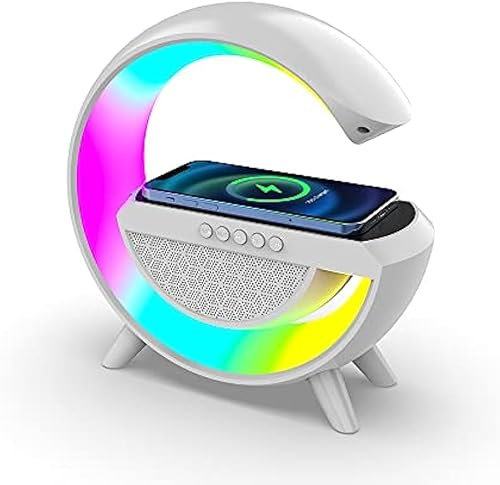 LED Table Lamp with Wireless Charger Speaker, Intelligent Atmosphere Lamp, Dimmable Night Light with Music Sync, Bluetooth Speaker and App Control, Smart Mood Light for Bedroom, Dorm (White)