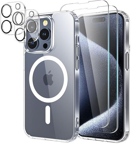 YIRSUR Hülle für iPhone 15 Pro Max Kompatibel mit Mag Safe mit 2 Schutzfolie und 2 Kameraschutz, Dünn Transparent Nie Vergilbung Hart PC Magnetische Handyhülle Kratzfest Clear Magnetic Schutzhülle