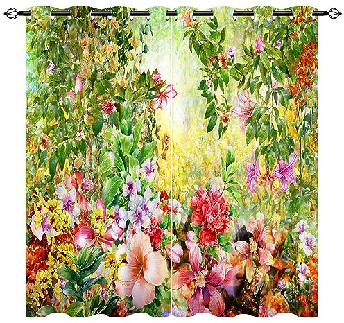 YUANZU Aquarell Blumen Vorhänge Boho Abstrakte Frühling Ösen Gardinen mit Blickdichte Thermo Vorhang Kälteschutz Blackout Curtain Mädchenzimmer Verdunkelung Fenster, 2 Stück, H 160 x B 106 cm