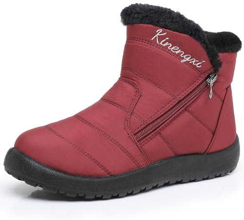 Kinengxi Damen Wasserdicht Winterschuhe Winterstiefel Warm Gefüttert Stiefel Kurzschaft Winter Boots Outdoor rutschfest Leicht Wanderschuhe, Rot, 40 EU, Tag 41