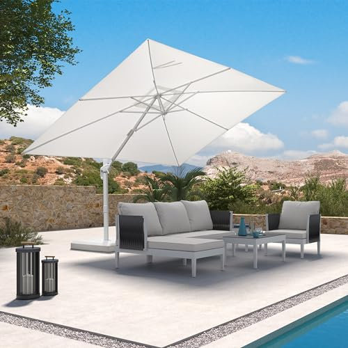 PURPLE LEAF 2.7 X 3.5 M Garden Cantilever Parasol, Large Rectangular Patio Umbrella with White Frame, Crank Handle and Tilt for Balcony and Outdoor, White