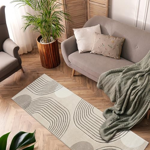 payé Teppich Läufer Kurzflor Beige Braun - 80x150cm - Boho Abstrakt Muster Modern Skandinavisch Wohnteppich Schlafzimmer
