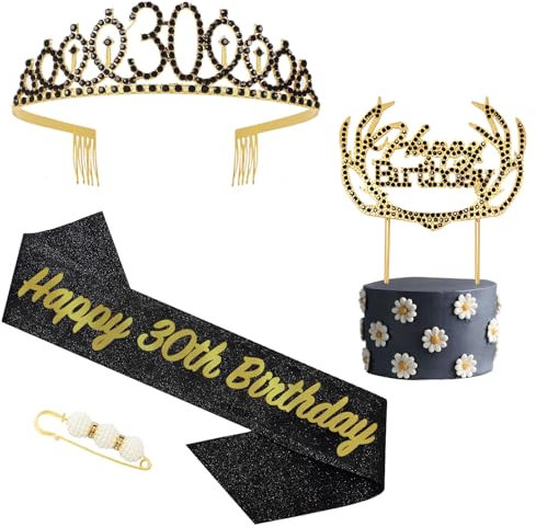 16 Geburtstag Krone und Schärpe Schwarzes Gold,Krone 16.Geburtstag,16. Geburtstag Schärpe und Tiara Kristall Kuchenaufsätze Kit,Krone 16 Geburtstag Mädchen für Geburtstag Geschenk Partyzubehör Dekor