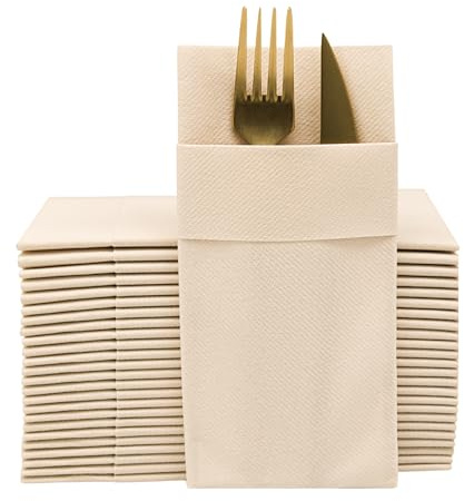 Moyes Home Beige Dinner Napkins with Silverware Pocket (50 Pack) – Linen-Feel Disposable Cloth-Like Paper Napkins for Weddings, Rustic & Neutral Table Settings, Pre-Folded 16x16 in