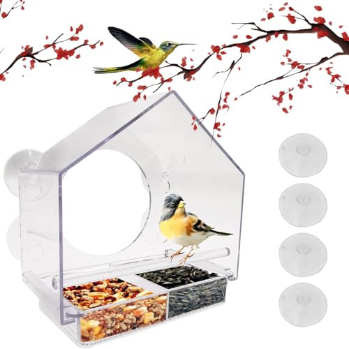 Mangiatoia per Uccelli, CTRICALVER (20 x 11 x 20cm) trasparente Plastica per PC Uccellini da Giardino Dispenser con Ventosa per Attaccarla alla Finestra + Spostare il vassoio C'è foro di drenaggio