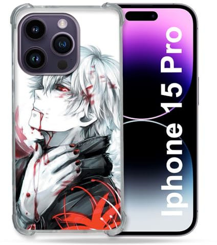 Cokitec Verstärkte Schutzhülle für iPhone 15 Pro (6,1 Zoll), Manga Tokyo Ghoul Kaneki, Weiß