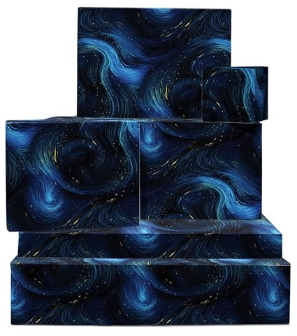 Geschenkpapier für Geburtstage, mit Etiketten, Sturmhimmel und Wellen, für Männer, Frauen und Kinder, mit Aufklebern, Blau und Schwarz, 6 Bögen Central