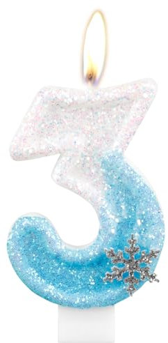 Geburtstagskerzen, glitzernde Zahlenkerze zum 3. Geburtstag, Schneeflocke, Zahl 3, Kerzen für Kuchen, blau-weiße Eiskönigin Kuchen-Kerzen, Toppers für Mädchen, Geburtstagsdekorationen, Partyzubehör