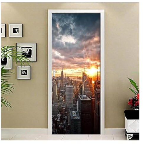 Türaufkleber Türtapete Türbilder Türposter New York City Landschaft Kunst 3D Tür Aufkleber PVC Wasserdichte Tür Poster Wand Aufkleber Für Wohnzimmer Dekor(Größe:95x215cm)