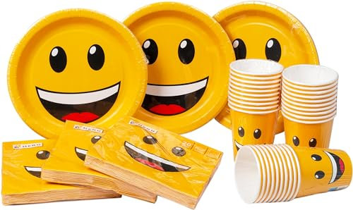 HEKU Lot de 120 pièces jetables avec motif smiley I avec assiettes en carton, gobelets de fête (0,25 l) et serviettes (33 x 33 cm) I Idéal pour les fêtes, les barbecues et les anniversaires