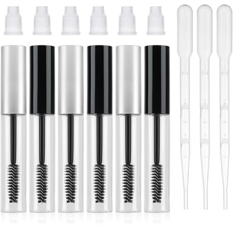 6 Pcs Empty Mascara Tube And Wand,Refillable 10ml Mascara Tube Includes 3 droppers,6 rubber inserts for Eyelash Growth Oil, Mascara and Lip Gloss(Black & Silver)