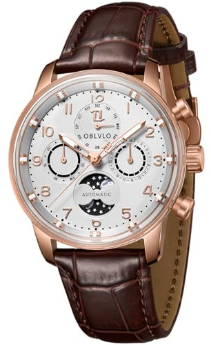 OBLVLO Herren Klassische Uhren Multifunktions Original Automatik Armbanduhr Mondphase Wasserdicht Lederarmband Uhr IM-MUT-MP, IM-MUT-MP-PWWL, Mechanisch