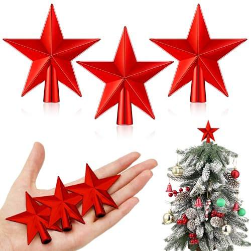 Hanaive Kleine Weihnachtsbaumspitze – Mini-Stern-Baumspitze für kleine Weihnachtsschmuck, dekorativer Baumstern für Weihnachten, Heimdekoration, Rot, 5,9 cm, 3 Stück