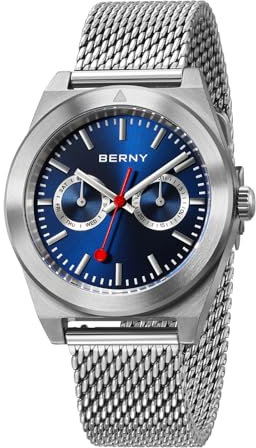 BERNY Herrenuhr Vintage Eisenbahnuhren Analog Quarz Uhr mit Mesh-Armband, Datum-Wochentag und Zifferblättern