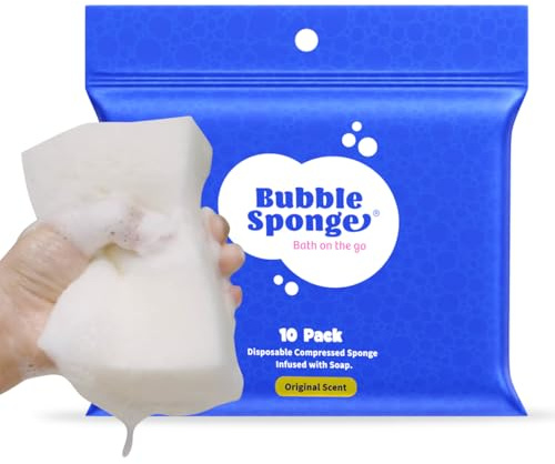 Bubble Sponge® - Disposable 2-in-1 Soap & Bath Sponge - Patent-Pending - Soap Infused Sponges - No Rinse Bathing Shower Wipes | Men and Women Travel Essentials (10-Ct.)