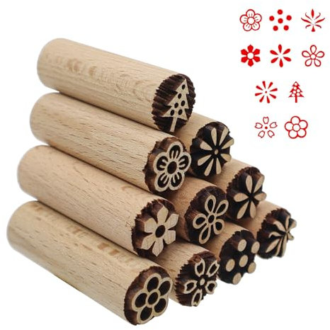 CONNECTION 10 Stück Säule Holzstempel 5 x 1.5 cm Stempel für Ton und Keramik Töpferstempel Naturholz Handgeschnitzte Stempel für Basteln DIY Ton Gebäck Teig Kekse Scrapbooking Keramik (10 Muster)