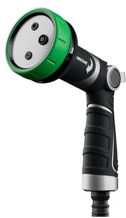 RESTMO 2-IN-1 Gartenbrause, robuste Metall-Gartenschlauchdüse mit 4 Sprühmodi, Hochdruck Garten Handbrause mit Daumenflusskontrolle, ideal zur Gartenbewässerung und Bodenreinigung, Grün