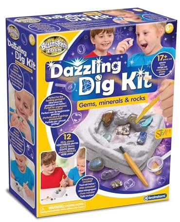 Brainstorm Toys Dazzling Dig Kit – 17+ Piece Excavation Set with 12 Real Gemstones, Rocks & Minerals | STEM Geology Kit with Tools & Storage Bag