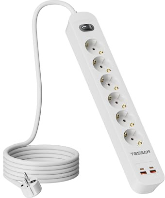 TESSAN Flachstecker Mehrfachsteckdose, 6 Fach Steckdosenleiste mit 2 USB C (20W) und 2 USB A, Flachstecker Verteilersteckdose mit Verlängerungskabel 5M, Mehrfachstecker Steckerleiste mit Schalter