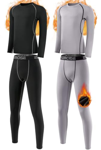 Orrfreer 2 Pack Kids Thermal Base Layer Set Boys Compression Sets Fleece Lined Long Sleeve Top & Bottom for Ski Sport Football Basketball