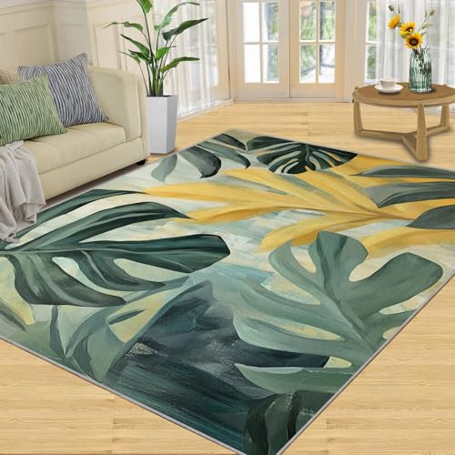 SANSJI Tropical Area Rug Monstera Leaves Bedroom Rug, Washable Watercolor Retro Rug Non Slip & Low Pile, Living Room Rugs & Indoor Soft Carpet