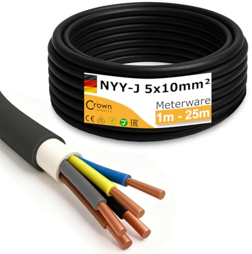 NYY-J 5x10mm² Erdkabel | 1–25m Meterware | 5-adriges Starkstromkabel aus Kupfer | Außenkabel für Drehstrom, Wallbox & Elektroinstallation | Made in Germany | Länge (21m)
