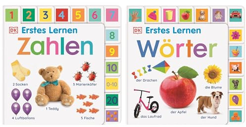 Erstes Lernen Wörter & Zahlen im Bundle – Bilderbuch Kleinkind ab 1 Jahr – Sprachentwicklung Pappbilderbuch Set mit Griff-Register & über 500 Fotos – Sprache & Zahlen lernen inkl. gratis Lesezeichen
