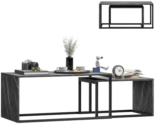 HOMCOM Lot de 2 Tables Basses 90x48x42cm Métal Noir Effet Marbre Gris Foncé | Gigognes, Design Industriel, Encastrable, Grande Table