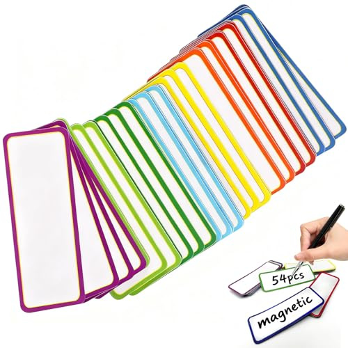 54 Stück Beschreibbare Magnetstreifen – Wiederverwendbare Magnetschilder in 9 Farben für Whiteboard, Kühlschrank und Magnetwand, Farbige Magnetschilder (Farbiger Rand)