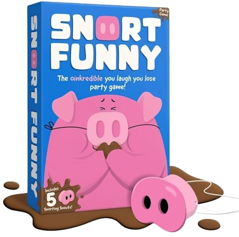 Snort Funny – Partyspiel Lache du verlierst 150 Aufgaben-Karten 5 Schweinenasen 60 Schlamm-Chips Lustiges Familienspiel 2-8 Spieler ab 8 Jahren Familien Freunde Paare Spiel