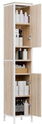 ELUCHANG Badezimmerschrank, Badschrank Schmal, Badezimmer Hochschrank mit 2 Tür und offenen Fächern und verstellbaren Ablagen fur Badezimmer, Wohnzimmer,30x30x174cm,Oak+Weiß