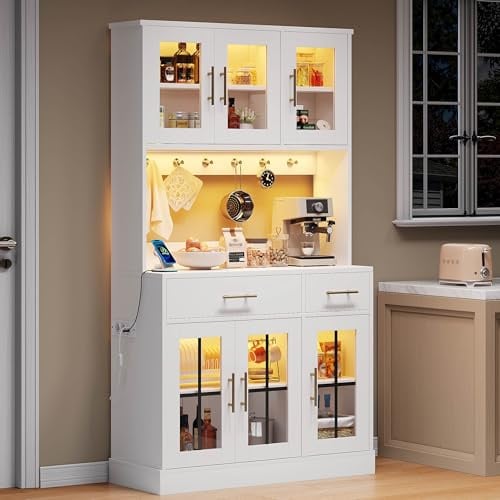 Gxffipw Küchenschrank Hochschrank Höhe 180 cm mit LED Licht und Steckdose, Küchenbuffet Buffetschrank mit Regalböden und Schubladen, Küchenschränke Highboard mit 6 Türen, Küchenmöbel, Schrank Weiß