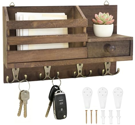 ZOCONE Rustikal Schlüsselbrett Holz Vintage Schlüsselboard mit Briefablage Haken und Schublade, Wand Schlüsselaufbewahrung Flur zum Aufhängen Schlüssel Aufbewahrung Eingang Schlüsselaufhänger