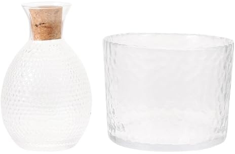 Luxshiny Japanese Style Glass Sake Set with Hammered Pattern, Includes Sake Flagon with Wood Stopper and Wine Jar, Glass Decanter for Serving and Entertaining