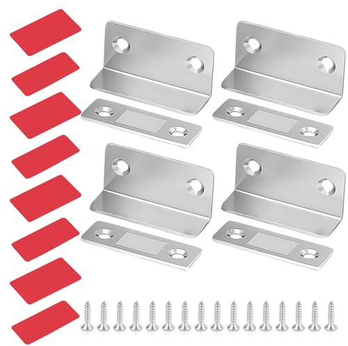 4 Pack Magnetic Door Catches, Self Adhesive Door Magnets, Ultra Thin Cabinet Magnetic Latch, L Shape Magnet Catch for Cupboard, Wardrobe, Drawer & Sliding Door, Strong Hold