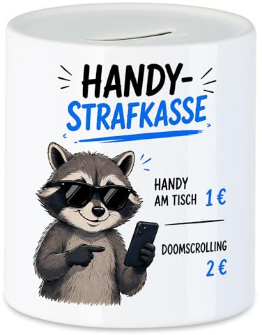 Handy Strafkasse Spardose mit Waschbär Motiv, lustiger Spruch über Handynutzung Spardose für Kollegen, Freunde, Familie, zum Geburtstag, Weihnachten, Spaßgeschenk als Wunscherfüller