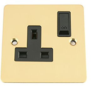 Socket 1 Gang - Polished Brass Flat - Black Insert Plastic Switch - 13A Single Wall Plug Socket