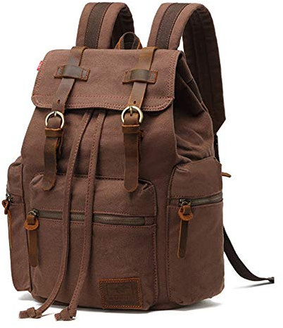 AUGUR Canvas Vintage Rucksack, Retro Segeltuch Backpack Wasserdicht Echtleder Laptop Daypack for Herren Damen Outdoor Sports Reise Wandern Bergsteigen(Mittel Coffee)