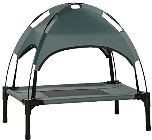 PawHut Lit Chien sureleve avec Parasol, lit de Camp Chien Chat sur Pieds Tissu Oxford Respirant, Anti-UV Cadre en métal Sac de Transport Inclus Couchage extérieur pour Chat 161 x 46 x 61 cm Gris Noir