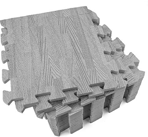 Tebery 16 Pieces Printed Wood Grain Interlocking Floor Tiles 3/8-Inch Thick EVA Foam Grey Puzzle Floor Mat