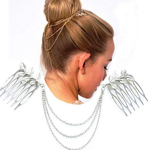 TseenYi Boho Kopfkette Quaste Kette Blatt Haarkämme Mode Stirnband Haarschmuck für Frauen und Mädchen (Silber)