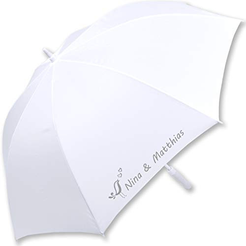 iX-brella XXL Hochzeits-Stockschirm Automatik - All In White - Vogel und Herzen personalisiert mit Namen