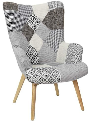 HOME DECO FACTORY, Fauteuil Style Scandinave pour Salon, Tissu Patchwork, Pieds Inclinés en Hévéa, Formes arrondies, Assise Moelleuse, Capitonné, Dossier Haut, Gris, 65x74x100cm, Hauteur d'assise 40cm