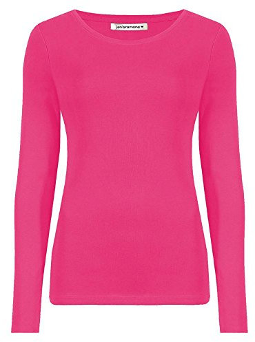 janisramone Womens Ladies Round Neck Long Sleeve T-Shirt Stretchy Plain Fitted Basic Jersey Casual Tee Top Cerise
