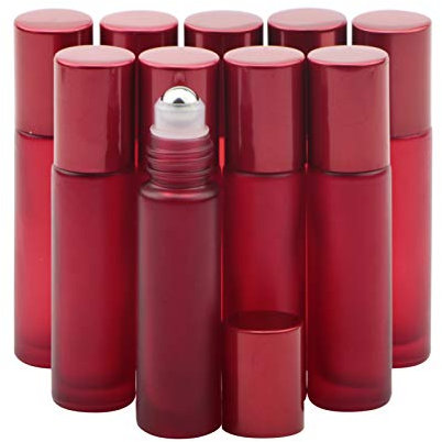Rowiz Set di 10 bottiglie a rullo in vetro smerigliato rosso da 10 ml, con sfere in acciaio inox e tappo a vite in alluminio anodizzato, per profumi e oli per aromaterapia